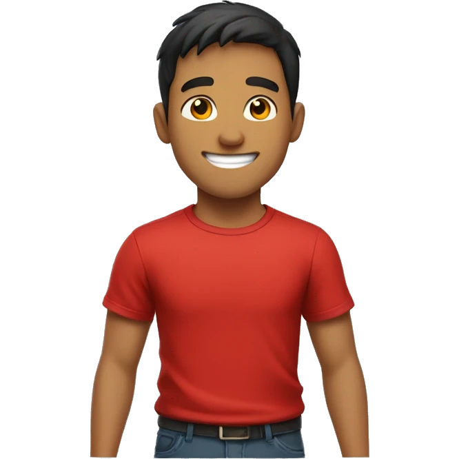 A young man with short dark hair is smiling . He is wearing a bright red t-shirt. emoji