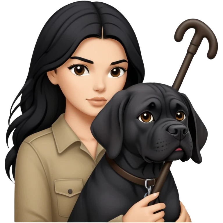 Kendall Jenner with long black hair holding a black Cane Corso dog emoji