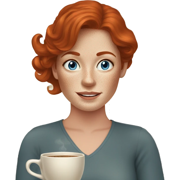 Redhead lady in 30s with freckles at home with coffee with blue eyes emoji