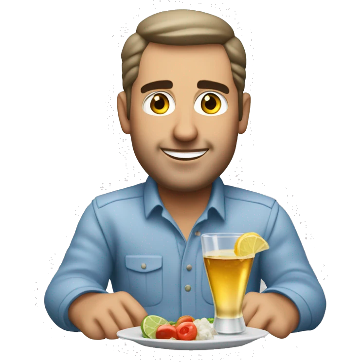 a man sitting at a table with appetisers and a glass of ouzo on the rocks emoji