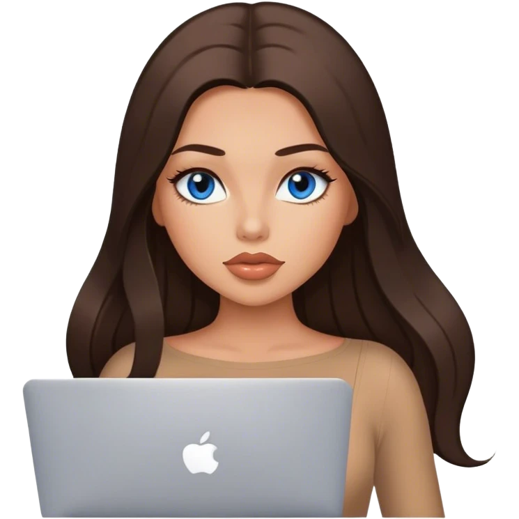 Glamours tanned very beautiful girl with big pump peach lips and dark chocolate straight smooth long hair, blue eyes in brown/beige bodysuit with MacBook emoji