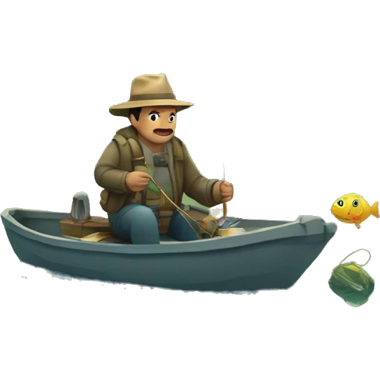 Hombre pescando en un río y capturando un pez emoji