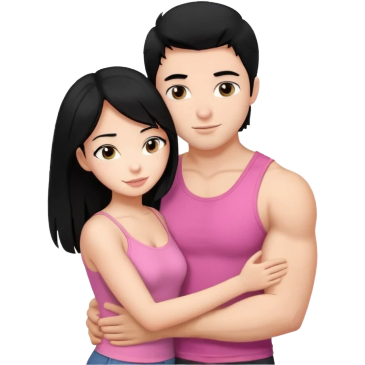 a pretty bratz fair girl. black hair, wearing a pink cami top hugging a handsome fair guy with black hair. lean but muscular who is wearing a black tee emoji