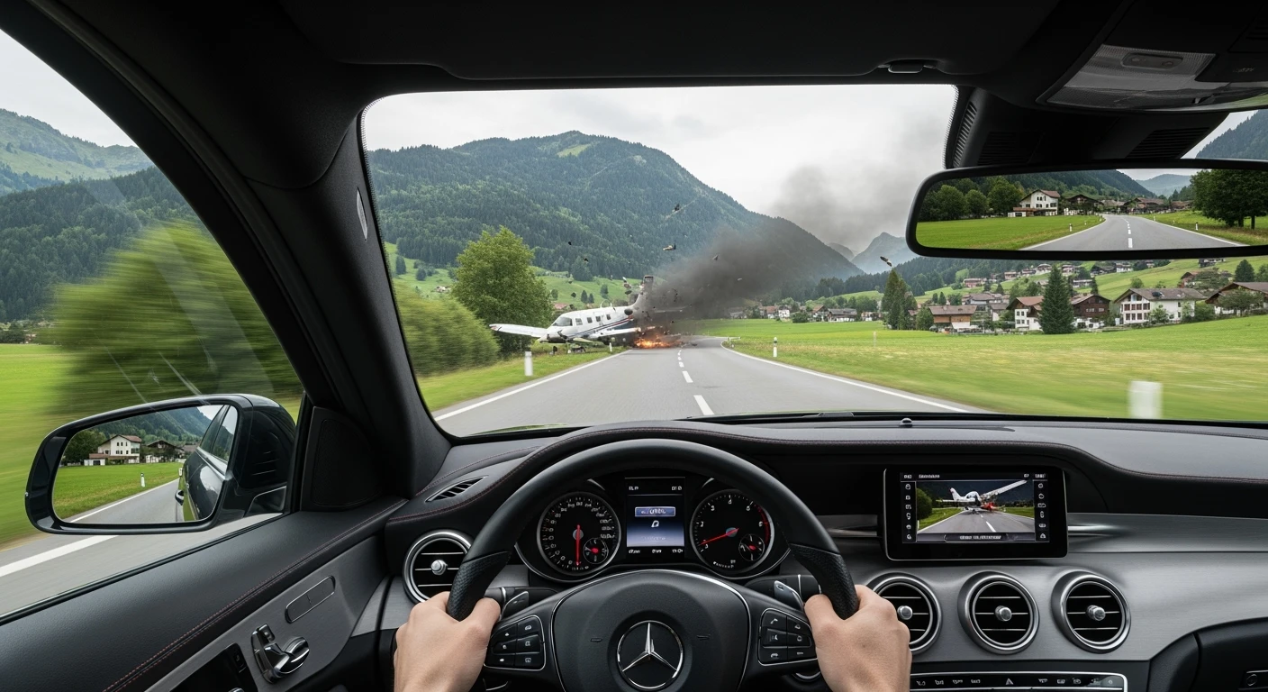 Realistic camshot pov car (hands holding mercedes car wheel) switzerland road with plane crash emoji