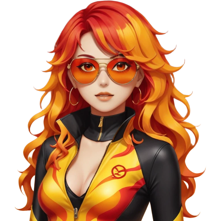 Beautiful gorgeous anime lady with beautiful fiery long warm-red-orange-yellow-gradient-wavy-special-hair, fashion aesthetic, slim red-tinted-sunglasses, accessories, gold jewelries, red-and-yellow sunny-pattern-eyes, black latex-suit, biker-woman, cool, badass, ahoge, gold necklace emoji