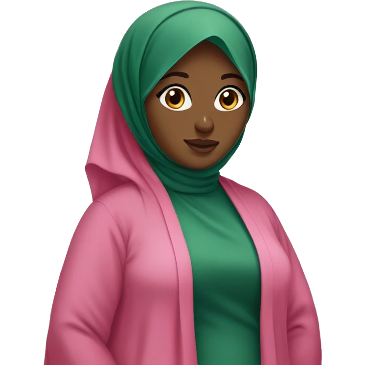Black chubby Hijabi in pink abaya and green hijab standing emoji