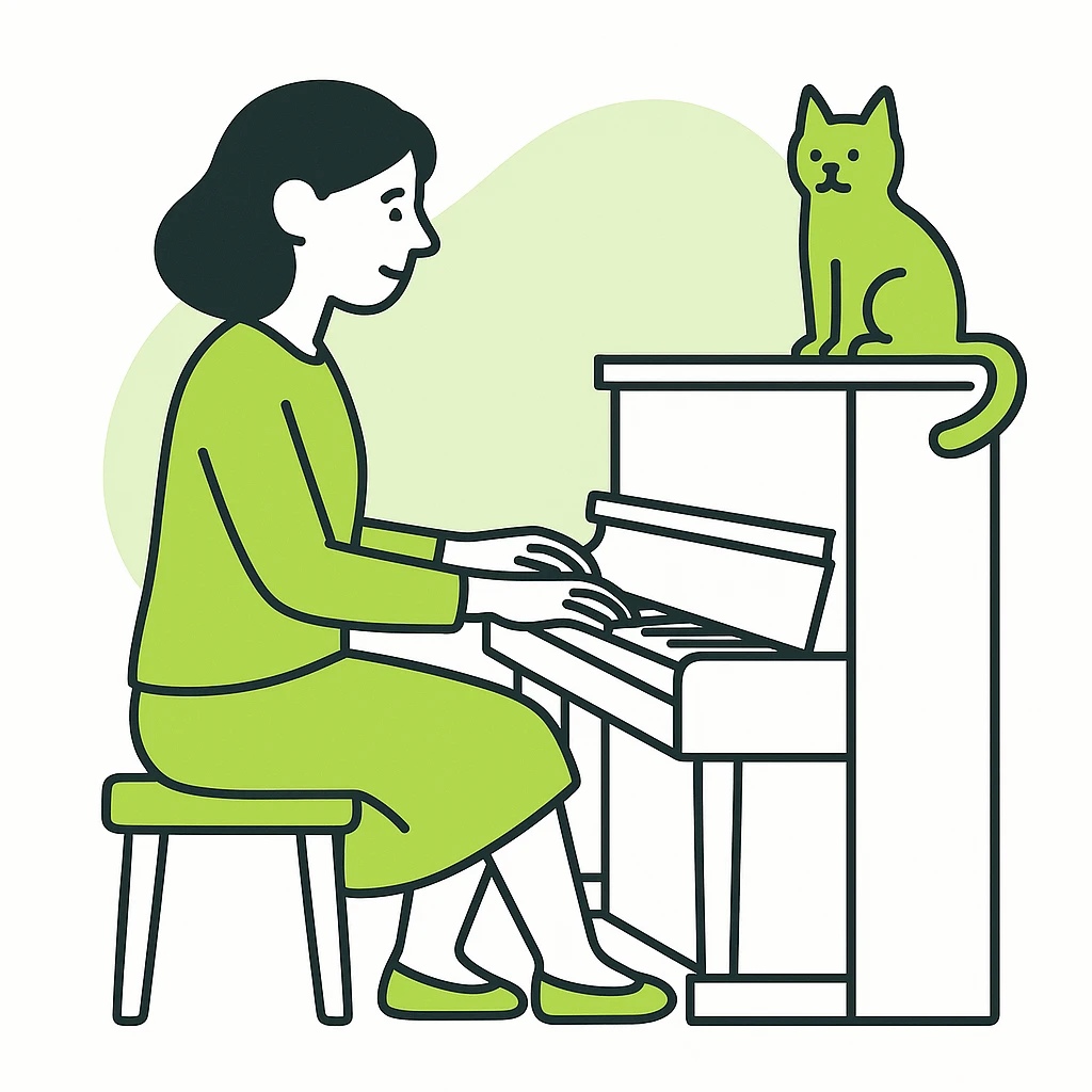 woman playing piano while her cat sits on top of the piano emoji