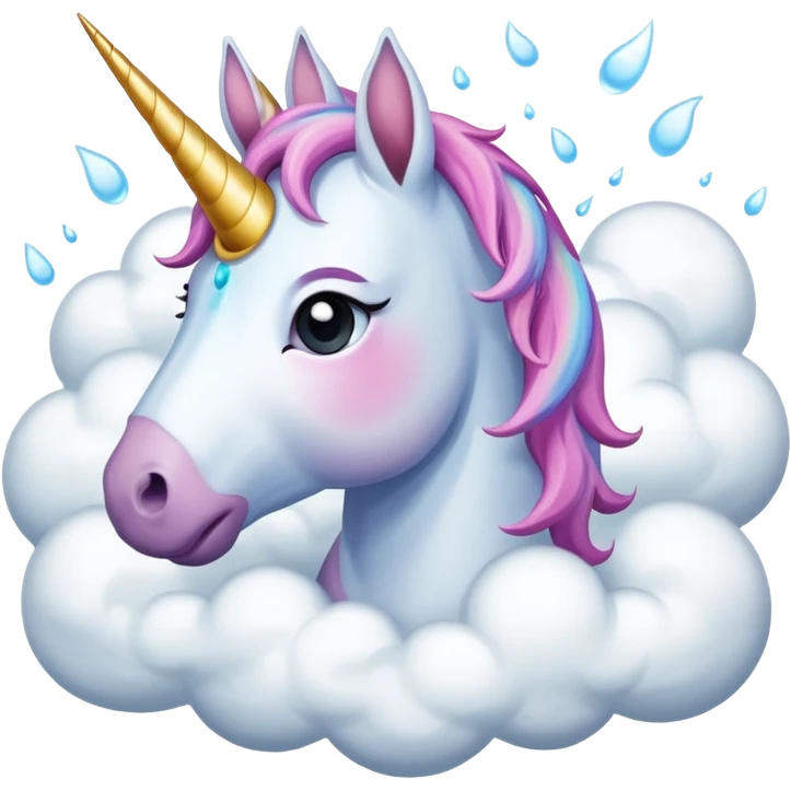 A unicorn flying through clouds, sad, cry tear from eyes, portrait, bust up emoji