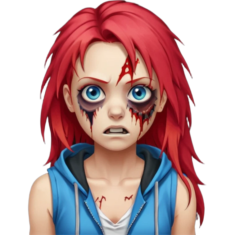 сделай рыжую девушку зомби с избитым лицом, не в полный рост, пусть ее рыжие волосы будут ниже груди с осветленными прядями, глаза у нее будут голубые, а одета она будет в дранную белую майку и черную зип худи emoji