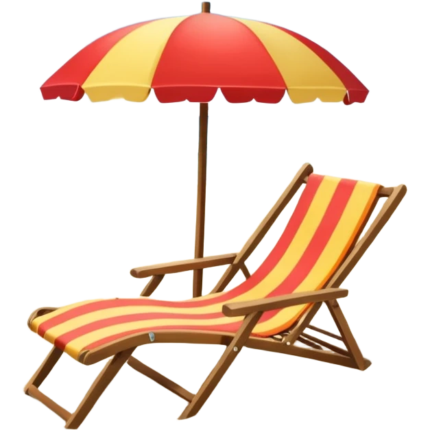 Icon for Beach Tourism: a sunny beach with the sea and waves, a lounge chair, a sun umbrella, and flip-flops on the sandy shore. The background should be a clear, vibrant ocean view with the sun shining brightly. Transparent background. emoji
