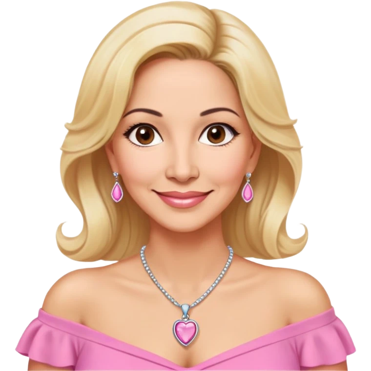Warm-hearted Linette Torres, Puerto Rican actress in her 50s with light skin, loving expression, gentle eyes, sweet smile, elegant blonde hair, wearing a pink off-shoulder blouse and a pendant necklace emoji