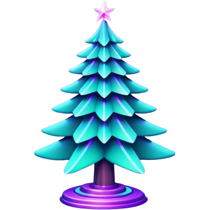 Futuristic glowing Christmas tree emoji with neon decorations, purple and cyan holographic glow, dark background, festive sparkles, no face. emoji