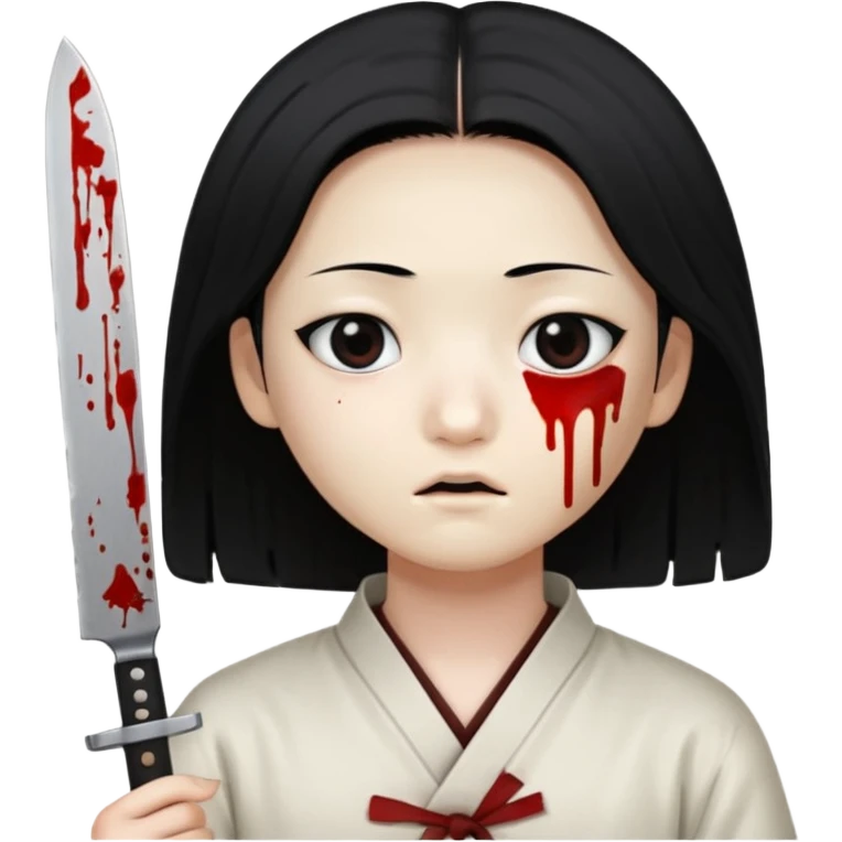 Korean murderer white skin with Asian eyes and holding a small mini kitchen knife with black straight hair with also one eye is blind covered with blood  emoji