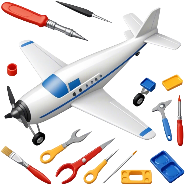 model-building tools like glue, paint, small paintbrushes, and pieces of a plastic model car or airplane in the process of being assembled. The design includes detailed textures of the model pieces and tools, capturing the focus and creativity of model building. Transparent background. emoji