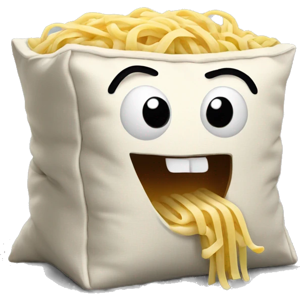 A pillow with a crazy face eats noodles from a box emoji