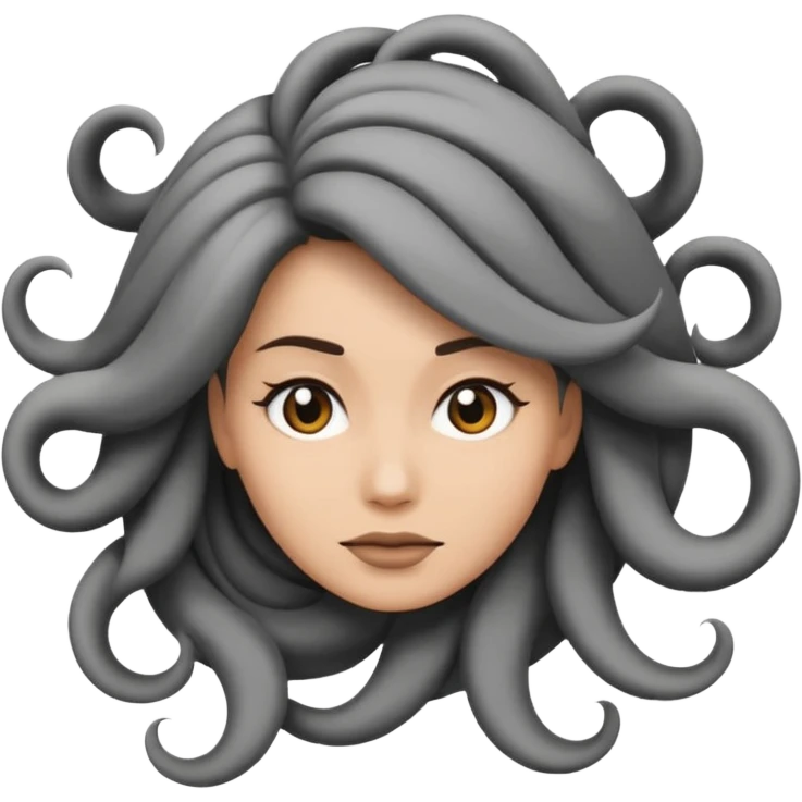 Minimalist emoji-style sticker of a woman’s head in profile, her hair spiraling into a vortex shape. Desaturated black and gray tones, emoji proportions.
 emoji