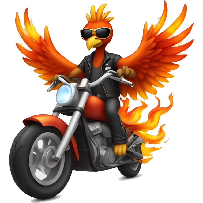 phoenix riding a motorcycle wearing sunglasses with flames  emoji