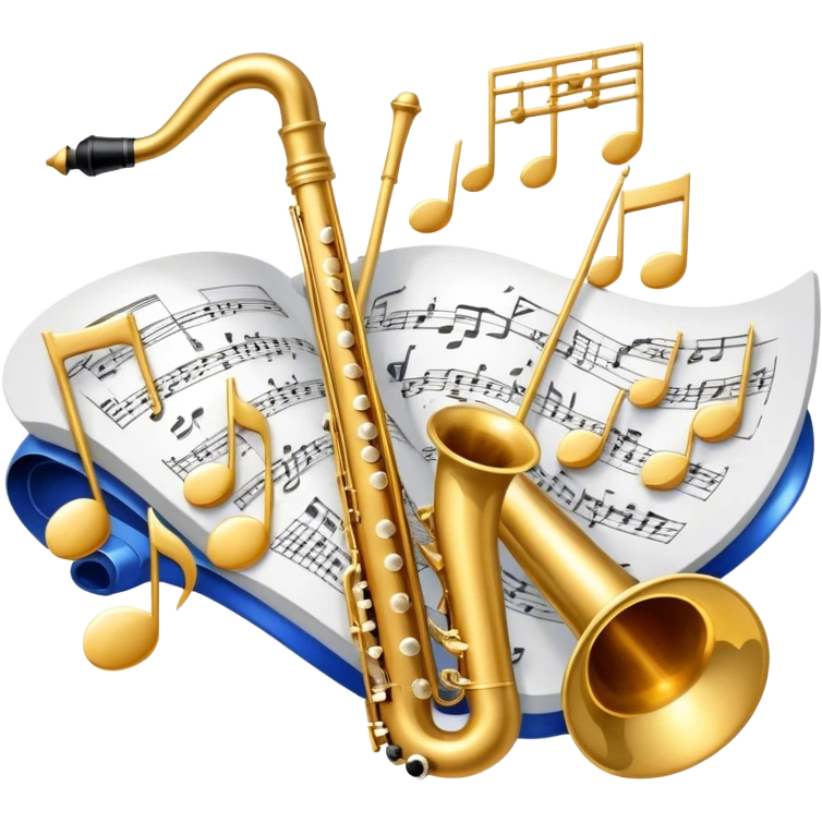 Create an elegant and artistic emoji that represents music arrangement and orchestration. The design should feature a conductor's baton, musical scores, and various orchestral instruments (e.g., violin, trumpet, electric guitar, synthesizer). Incorporate flowing lines to represent harmony and orchestral balance, along with a subtle representation of sheet music. Use rich, classical colors like gold, silver, or deep blue, and create an atmosphere of sophistication and precision. The background should be transparent. emoji