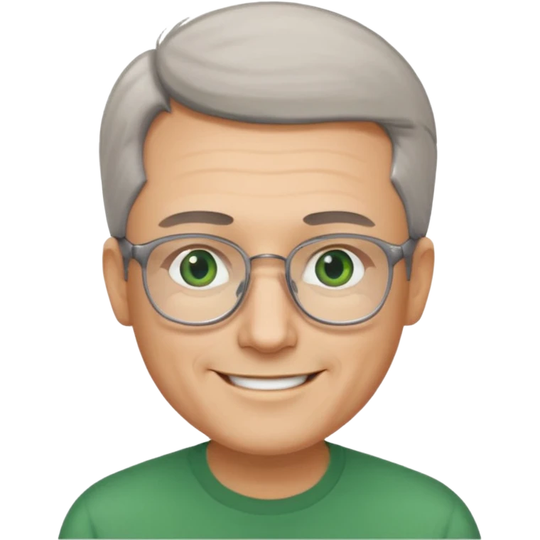 Man with receding hair, grey hair only on the sides, green eyes, rectangular reading glasses, rounded clear face, with a smile emoji
