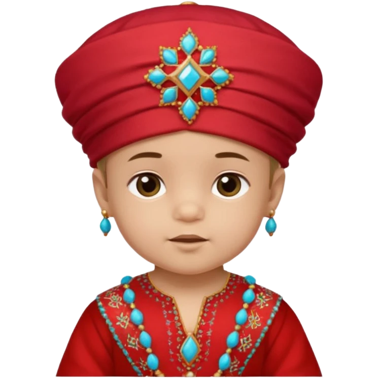  baby boy dressed in colorful ghalibiya with delicate decorations with a red Moracain hat  emoji