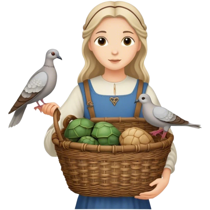 girl carrying wicker basket with two live turtledoves, medieval age emoji