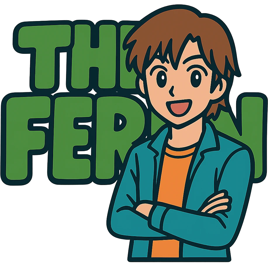 Add a brunette anime man standing in front of the green bubble letters that say 'The Fern' with a black outline. The man should have medium-length brown hair, stylish casual clothes, and an expressive anime face. Keep the playful, bold vibe. emoji