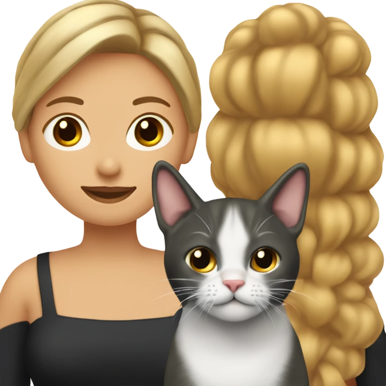 mujer de cabello rubio oscuro de tez trigueña clara con gato negro en los brazos emoji