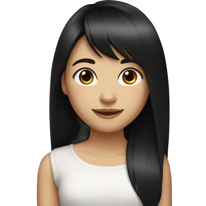 A girl with straight long hair , jet-black hair styled in a bang. Fair skin. Dark brown eyes. Smiling naturally. emoji