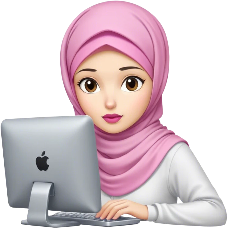 white skin hijab scarf woman working in computer. Her outfit is white, her lips is pink, her expression is focused on computer emoji