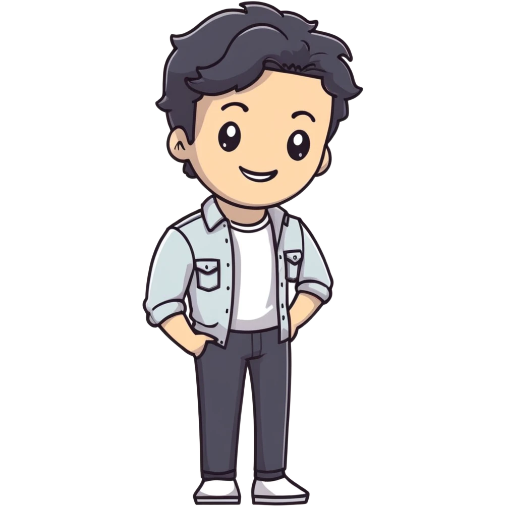 Casual business strategist with black wavy hair, stubble, strong features, white skin, wearing casual Friday outfit with no tie, leaning back relaxed, friendly smile, personal and approachable for Instagram profile emoji