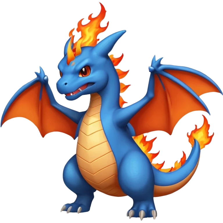 cute minimalistic charizard pokemon throwhing flames 2 horns, blue wings only on the inside part emoji