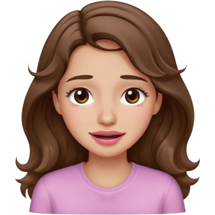 girl with wavy long brown hair, brown eyes, light to medium complexion, long lashes, light pink lipstick, wearing light pink shirt, smiling, crying big tears emoji