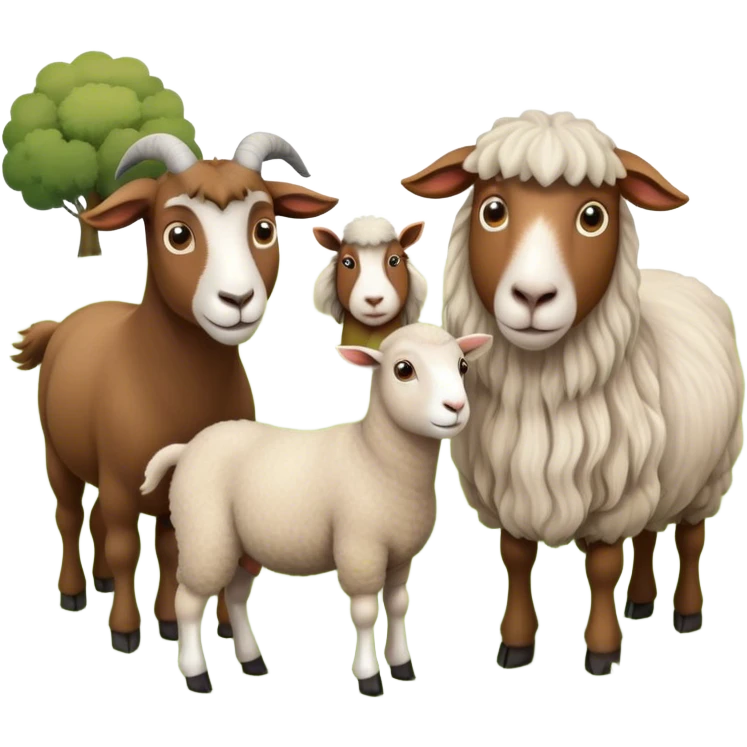 Icon for Domestic Hooved Animals: A gentle collage featuring a brown goat with large, curious eyes, a calm sheep with soft wool and a horse with a flowing mane. Background with a green pasture and a few hay bales. Transparent background. emoji