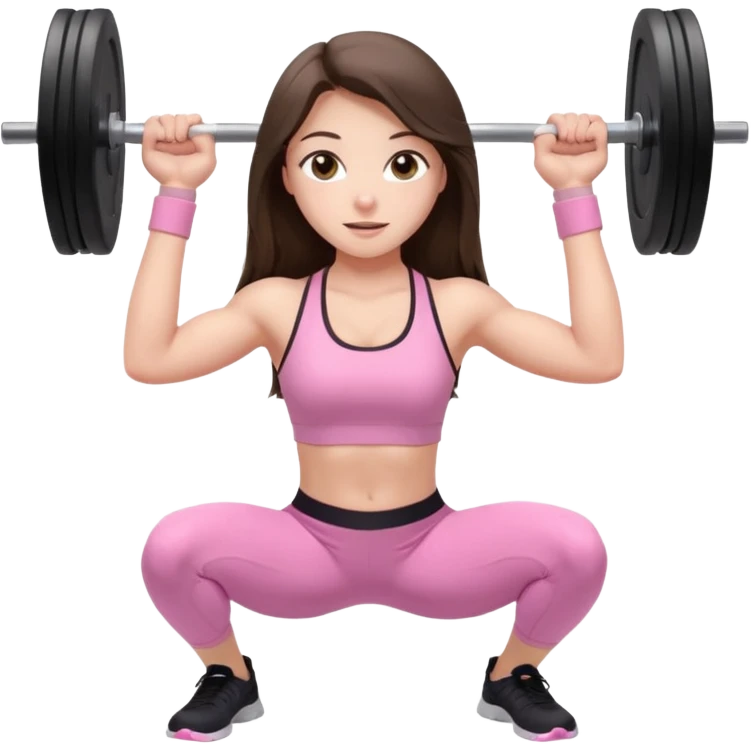 white happy brunette teen long hair with hazel eyes in light pink workout clothes holding a barbell bending over emoji