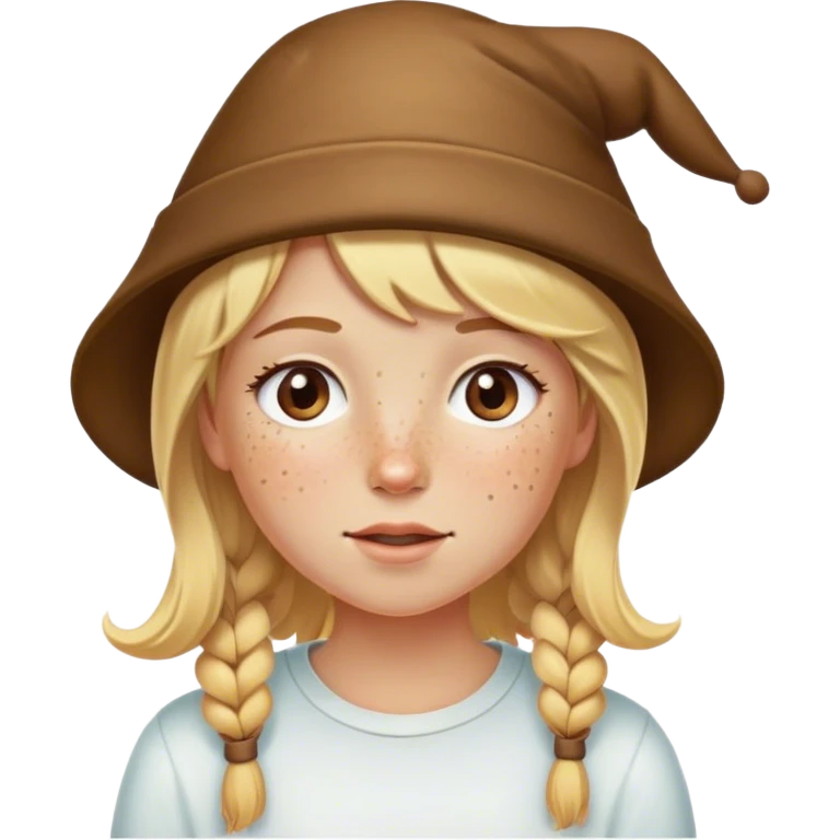 blonde girl with freckles wearing a poop hat emoji