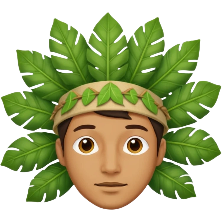 an man with jungle wearing a large leaf headgear bye  emoji