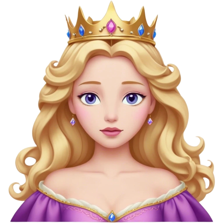 Cinematic Realistic Sleeping Beauty (Aurora) Portrait, with porcelain-like skin featuring a natural rosy flush, illuminated by soft lighting that highlights the gentle contours of her face. Her golden blonde hair flows in soft, detailed waves with subtle highlights that shimmer in the light. Her deep violet-blue eyes radiate warmth and innocence, framed by arched brows and long lashes. Her serene expression exudes quiet elegance. She is dressed in her classic pink gown, the fabric rich in texture with delicate folds that catch the light. A golden crown rests atop her head, gleaming with royal refinement. The portrait captures a soft, glowing aura, blending realism with an ethereal sense of beauty and timeless enchantment. emoji