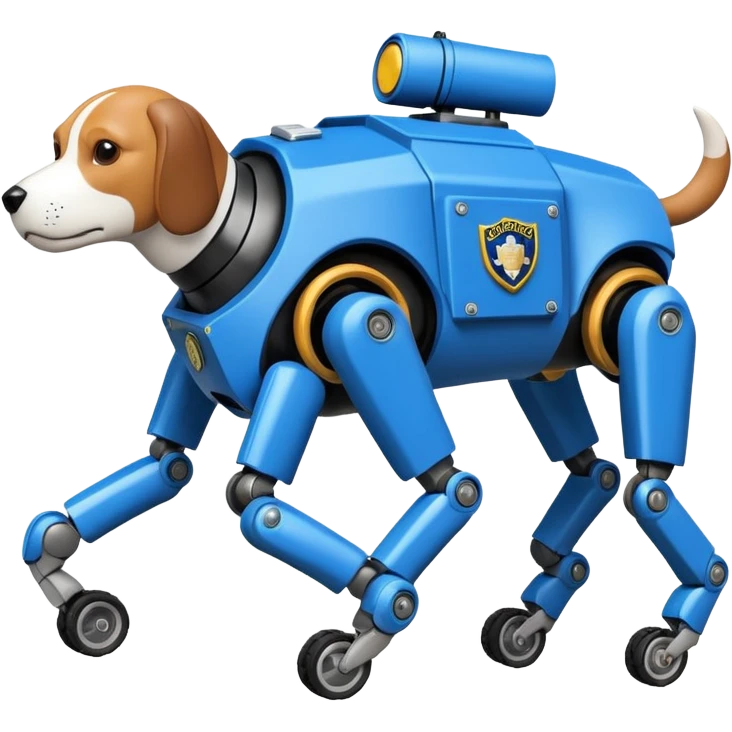 Very fast  jumping riot Boston Dynamics police robotic beagle Sherlock Holmes robodog with large off-road wheels for feet  emoji