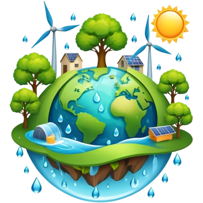 An icon featuring a green Earth, a tree, recycling symbols, and renewable energy sources like wind turbines, solar panels, and hydropower. The design includes animals, water droplets, and the sun, representing ecology, sustainable energy, and environmental protection. Transparent background. emoji