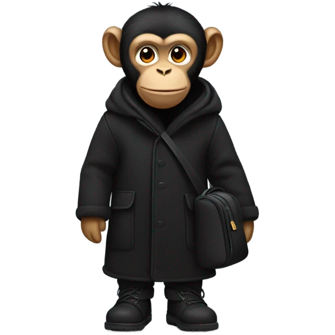 Monkey wearing black wool coat black ugg boots black backpack emoji