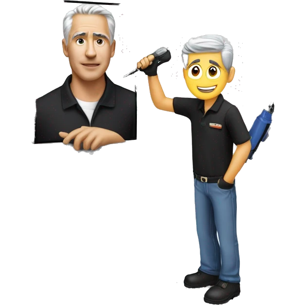 Technician with grey hair wearing a black polo shirt installs a TV onto a white wall of an exhibition Booth using a screwdriver emoji
