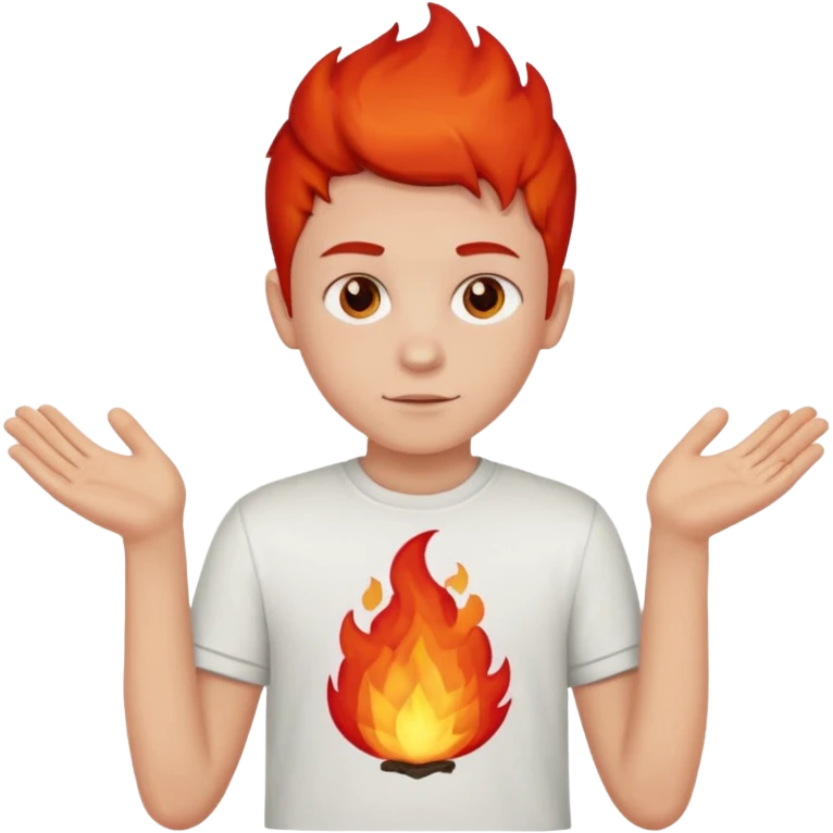 A boy with no hands fire instead made out of red fire and the boy is wearing a shirt that says FIRE CREATOR  emoji
