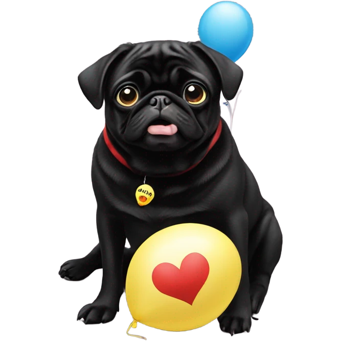 Black pug  and a ballon that says  “I’m sorry” emoji