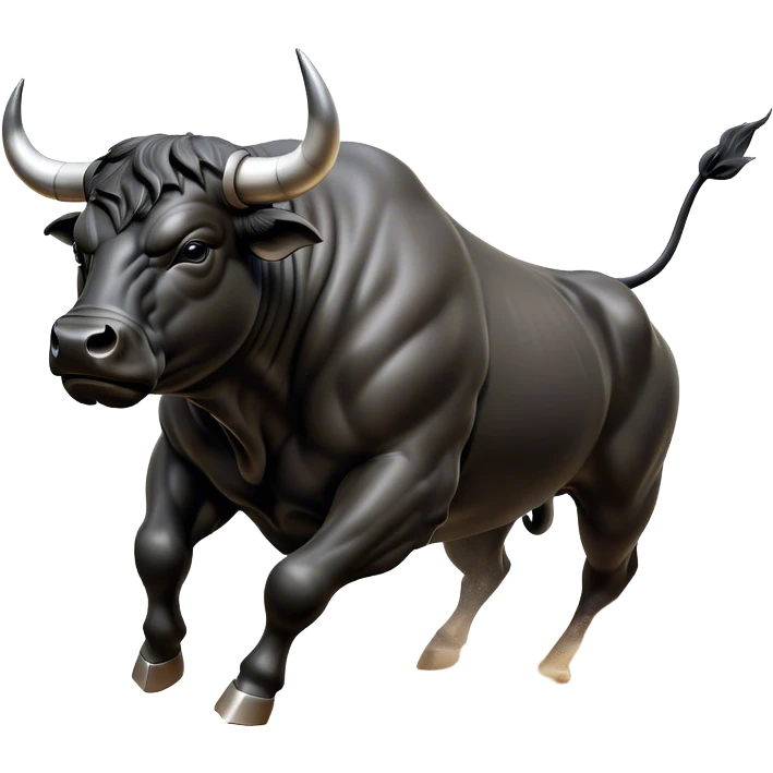 ​Cinematic Realistic Black Charging Bull, depicted in mid-charge with a powerful, muscular form and glossy black hide glistening under dynamic dramatic lighting, dust and motion captured mid-air to exude raw strength and unbridled energy on an expansive arena, emoji