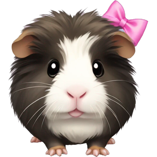 fluffy guinea pig with black,white, and tan face fur wearing a pink bow emoji
