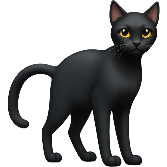 Petite, solid black cat with sleek fur, light yellow eyes, and small black tufts of pointed hairs at the very tips of he ears only, blending in with her black fur. Full body, no white markings emoji
