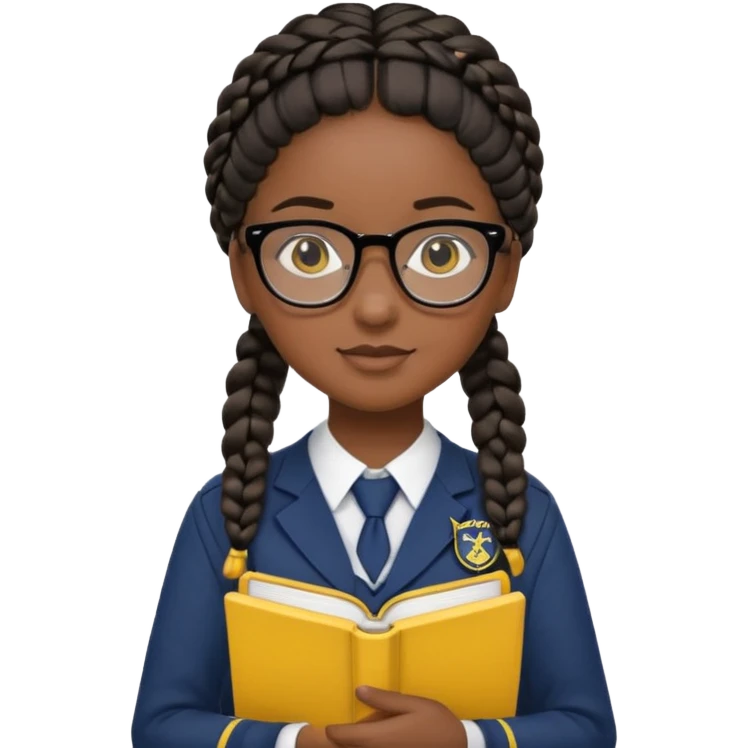 Girl student wearing uniform, glasses, hold yellow book in front of their chest, black braided hair, dark skin emoji
