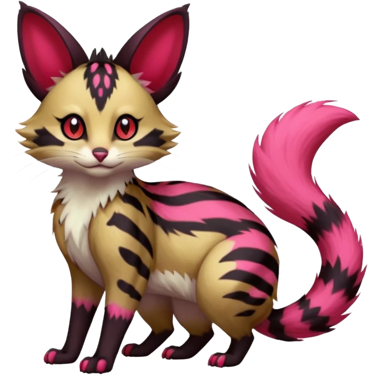 Hyper realistic  void-black fur haunted by crimson neon pulse-lines like living circuitry beautiful elegant pretty precious cute  Fakémon-Pokémon-opossum-feline-serval-caracal-chinchilla-Furret-Minccino-hybrid-creature with a big fluffy bushy tail (full body) emoji