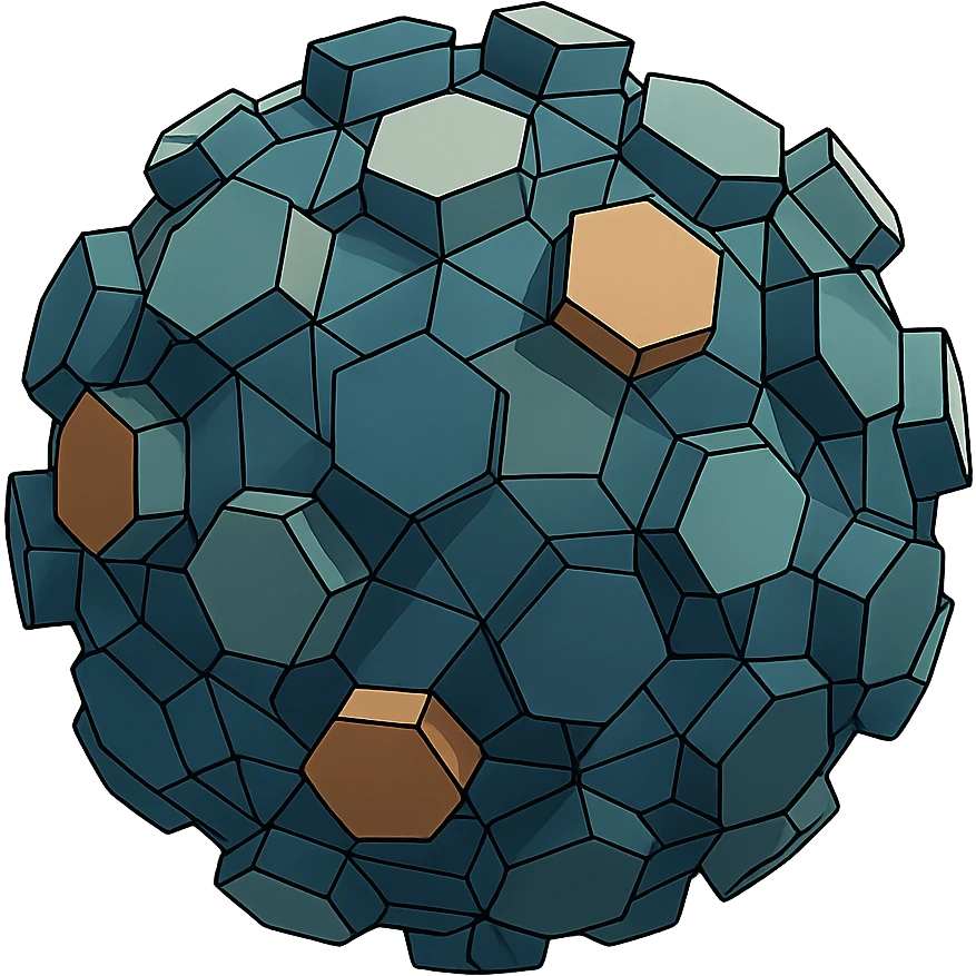 a sphere made of polygons, transparent wireframe, the hexagons are extruded to random heights all over the surface of the sphere, high degree of randomness emoji