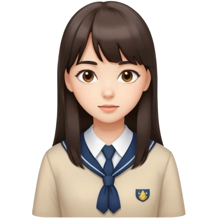 Attractive female student with long straight dark brown hair with bangs, beautiful school uniform, subtle makeup emoji